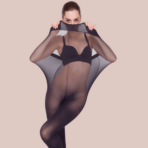 A model in the black super stretch tights, this image shows how stretchy the nylons are.