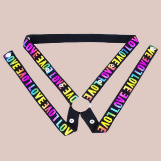 The multi-coloured version of the 3 Way Restraining Belt, the LOVE lettering has a shine effect that almost makes it sparkle.