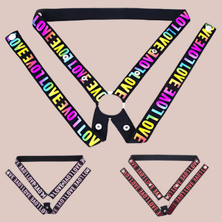 Showing the Multi-Coloured 3 way restraining belt laid flat, you can also see the pink and red version from left to right at the bottom of the image.