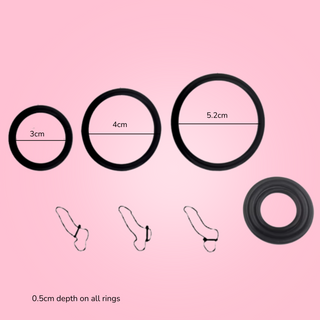 Dimensions of the circular cock rings and how to wear them.