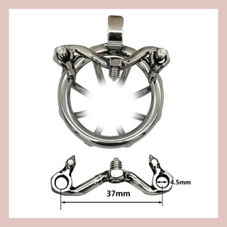 A rear view of the anti-shedding ring affixed to the chastity cage before it is fitted to the base ring. At the bottom of the image the dimensions of the ring are shown.