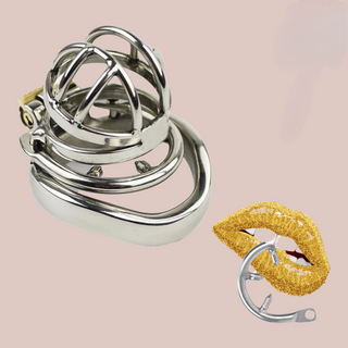 A small chastity cage made from stainless steel. It has a side bar design with open centre and comes with a stainless steel barbed ring. It comes in various ring sizes.