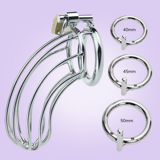 The 3 base ring options are shown beside a fully assembled chastity cage, 40mm,  45mm and 50mm.