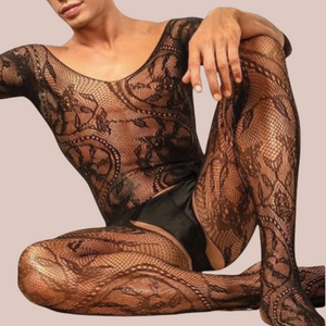 A black lace body stocking with detailed pattern, it has a ballet style neck, closed toes and open crtoch.