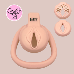 The Blood Dragon Sissy Pussy Chastity Cage shown in full, in the top right are the alternate faces of the cages and on the left is the 3 lock logo to show it as a Trained level cage.