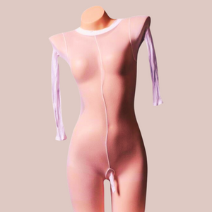 The body stocking is shown being modelled on a mannequin, it is shown in white and has a penis sheath.