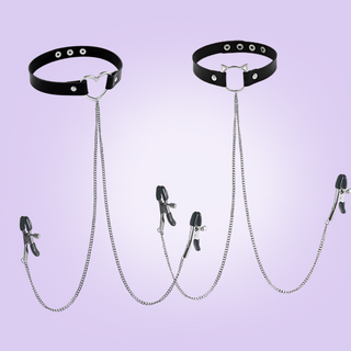 Both styles of choker with draped nipple chain and clamps, on the left is the heart ring and on the right is the cat ear ring.