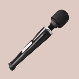 A full view of The Cordless Magic Wand Stimulator / Massager in black, you can see that its easy to hold and the control panel sits on the front.