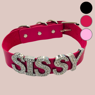 The bright pink collar with Sissy in diamante lettering shown here buckled up. The colours this collar are available in are black, bright pink and pale pink.