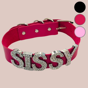 The bright pink collar with Sissy in diamante lettering shown here buckled up. The colours this collar are available in are black, bright pink and pale pink.