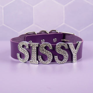 The Diamante style Sissy Collar shown here with a purple collar.