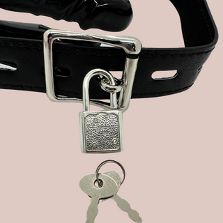 A close up of the padlock and keys that make the penis gag lockable.