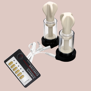 A close up image of the nipple stimulation cups, you can see the twist suction design and the electronic silver control. 