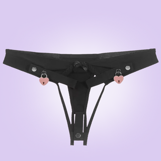 The Chastity Belt Thong is shown here in black, it also comes with the pink padlocks.