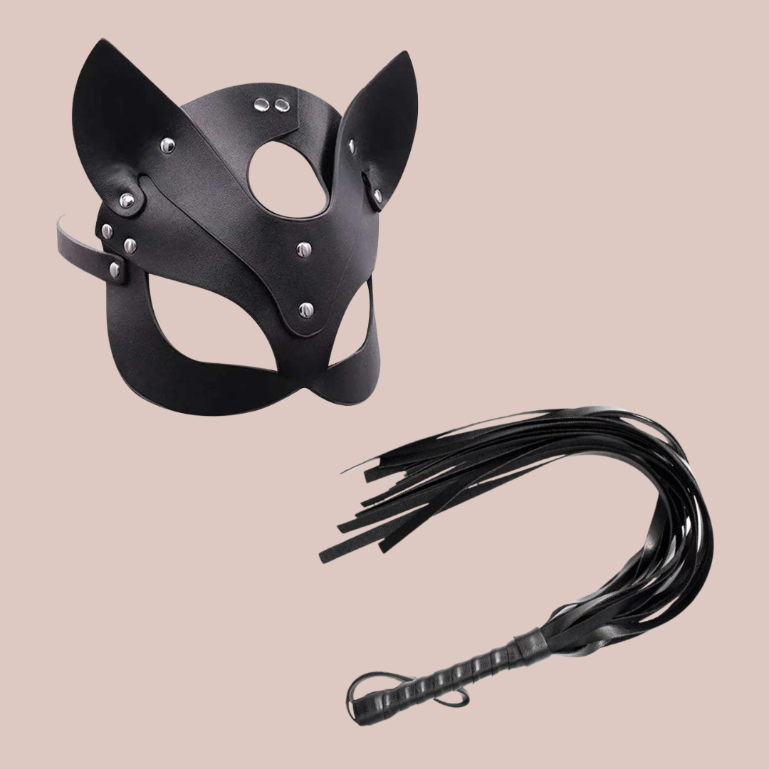 The fox mask at an angled view and the whip on the bottom.