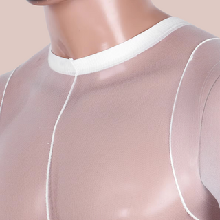 A close up of the round neck in the white full length body stocking