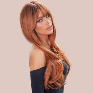 Another view of the long length auburn wig, you can see the fashionable style and soft fringe.