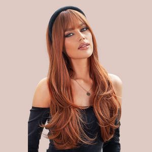 Another view of the long length auburn wig, you can see the fashionable style and soft fringe.