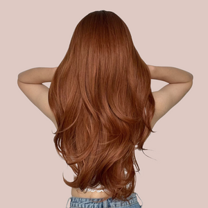 The back view of the long length auburn wig, you can see the soft wave that lets the hair fall naturally.