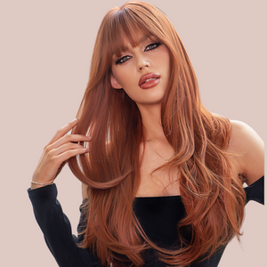 Showing the long length auburn wig, you can see the hair length is very long, it has a lovely soft shaping and a cute fringe is cut in.