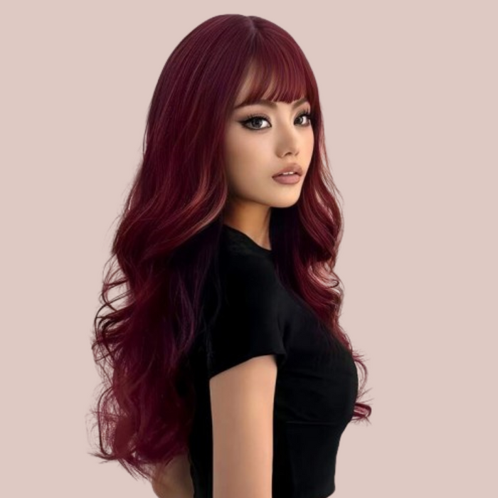 HOC2074-1 Dark Red Long Haired Wig With Fringe