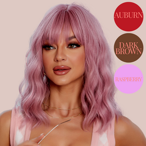The HOC278 is shown here in the raspberry coloured wig, the three colour circles denote all 3 colours available, auburn, dark brown and raspberry.