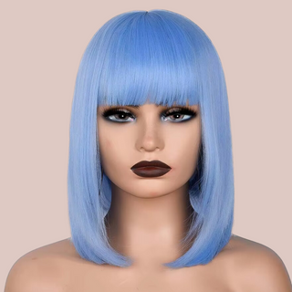 The blue wig shown modelled on a mannequin. 