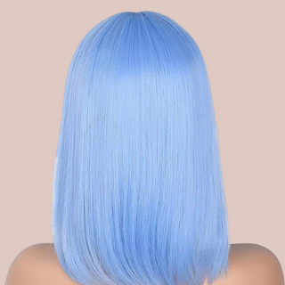 The blue wig shown from the back it has a flowing straight shape that sits beautifully at the back.