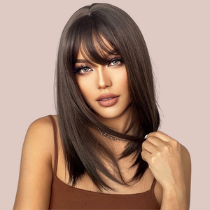 A front view of the brown long length wig, you can see the gentle layering to the ends and the soft fringe.