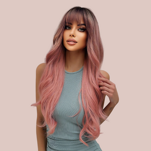 The Pink Ombre wig being modelled, it is shown with a straighter look, showing that it can be styled.