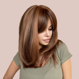 an angled view of the HOC6133-1 chestnut brown wig, you can see that it doesn't have layers and how thick it is.