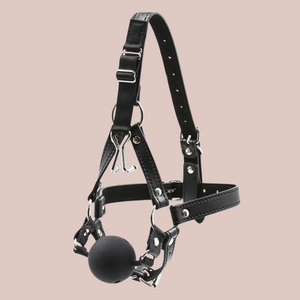 The head harness shown how it will look when placed on the head, you can see the nose hook hanging down just above the black ball gag.