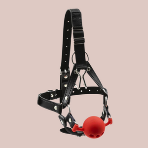 The head harness shown how it will look when placed on the head, you can see the nose hook hanging down just above the red ball gag.