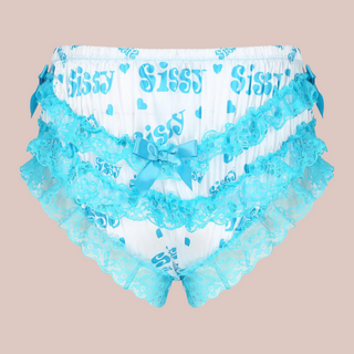 Satin High Waist Knickers with a Sissy and love heart motif carried throughout the white fabric in blue. There is blue  lace detailing layered across the back and edging the legs, along with blue satin decorative bows placed strategically over the garment. This is the rear view.