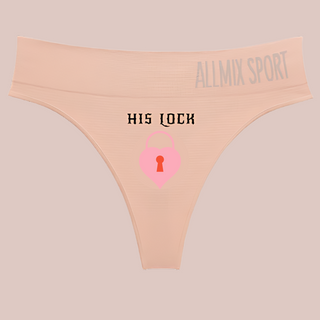 The House Of Chastity Mischievous panties, shown here in peach with His Lock and an image of a pink lock printed on the front.