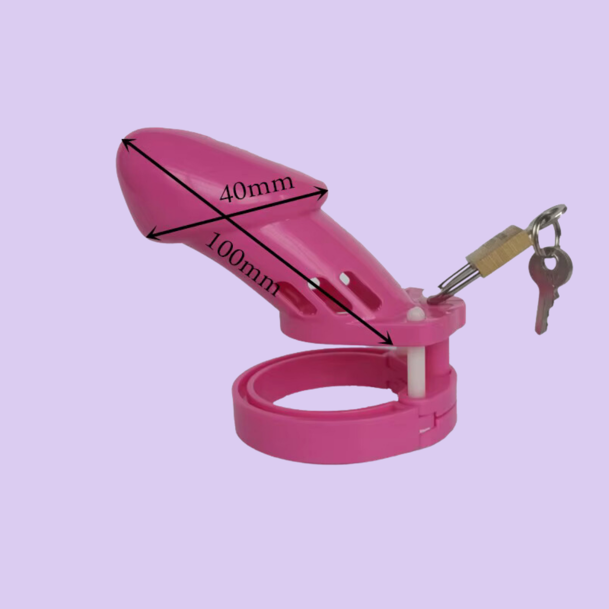 The Lockable Strap-On Hoc600 Standard comes in pink, this image shows the dimensions of the chastity cage.