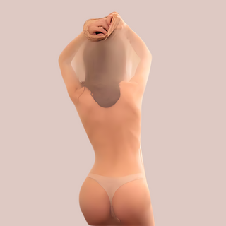 A  rear view of the beige encasement sack from House Of Chastity being played in.