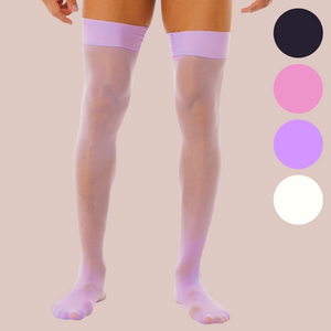 Nylon Stockings shown being modelled on a male, they come in 4 different colours, black, pink, lilac and white