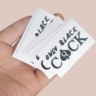 A close up view of the Only Black Cock temporary tattoo, the image has been flipped to show how it will look on the skin.