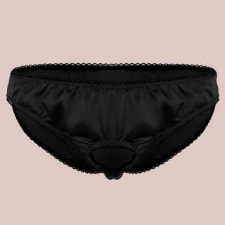 Black satin panties from House Of Chastity, you can see the black edging which is also around the open ring front.