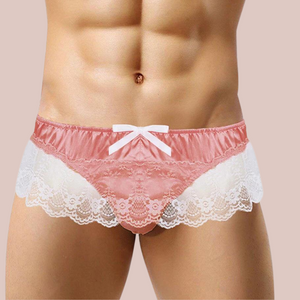 The Peach Satin And Lace Thong Panties shown being modelled.