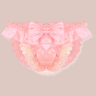 Peach satin frilly panties with a decorative bow and lace detail and roomy frontage.