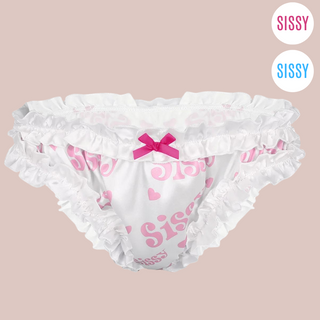 White satin bikini panties, with ruched edging, pink sissy and heart printed detail and a small pink satin bow. The circles on the top right denote the colours available, white with pink lettering or white with blue lettering.