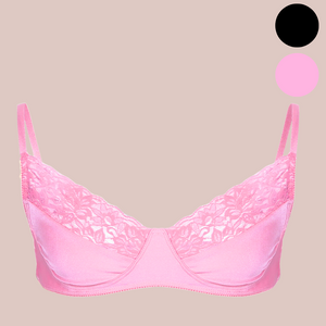 Soft Pink satin bra close up, you can see the soft pink colour, half cup lace and thin adjustable straps.