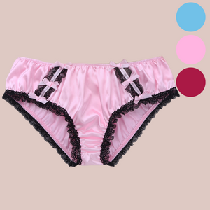 Adult knickers for men, sissy, lgbt, unisex. Made in pink, blue or wine satin with black lace detailing to the legs and panels on each side. There are also matching satin bows prettily applied.