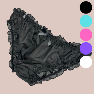 A close up of the black see through panties for men, the image shows the deep colouring, these panties are see through.