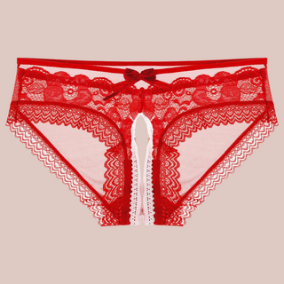 A front view of the red mesh and lace panties, you can see how delicate and pretty they are.