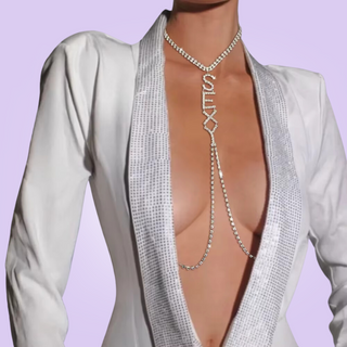 The Sexy Rhinestone Draped shown being modelled, you can see how it drapes around the neck and falls down the chest.