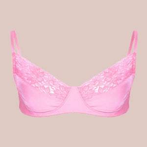 The Silk bra with lace edging, you can see how the bra is made up of a silk fabric base and a half silk, half lace cup.