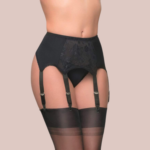 The black six strap suspender belt , you can see the centre lace panel and the metal suspenders.